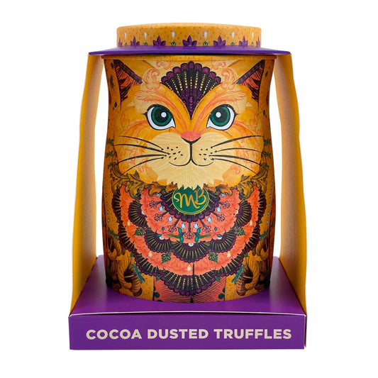 Jag Couture London - New York Savanna gold cat tin of Flutter Scotch flavoured cocoa dusted truffles with butterscotch chips