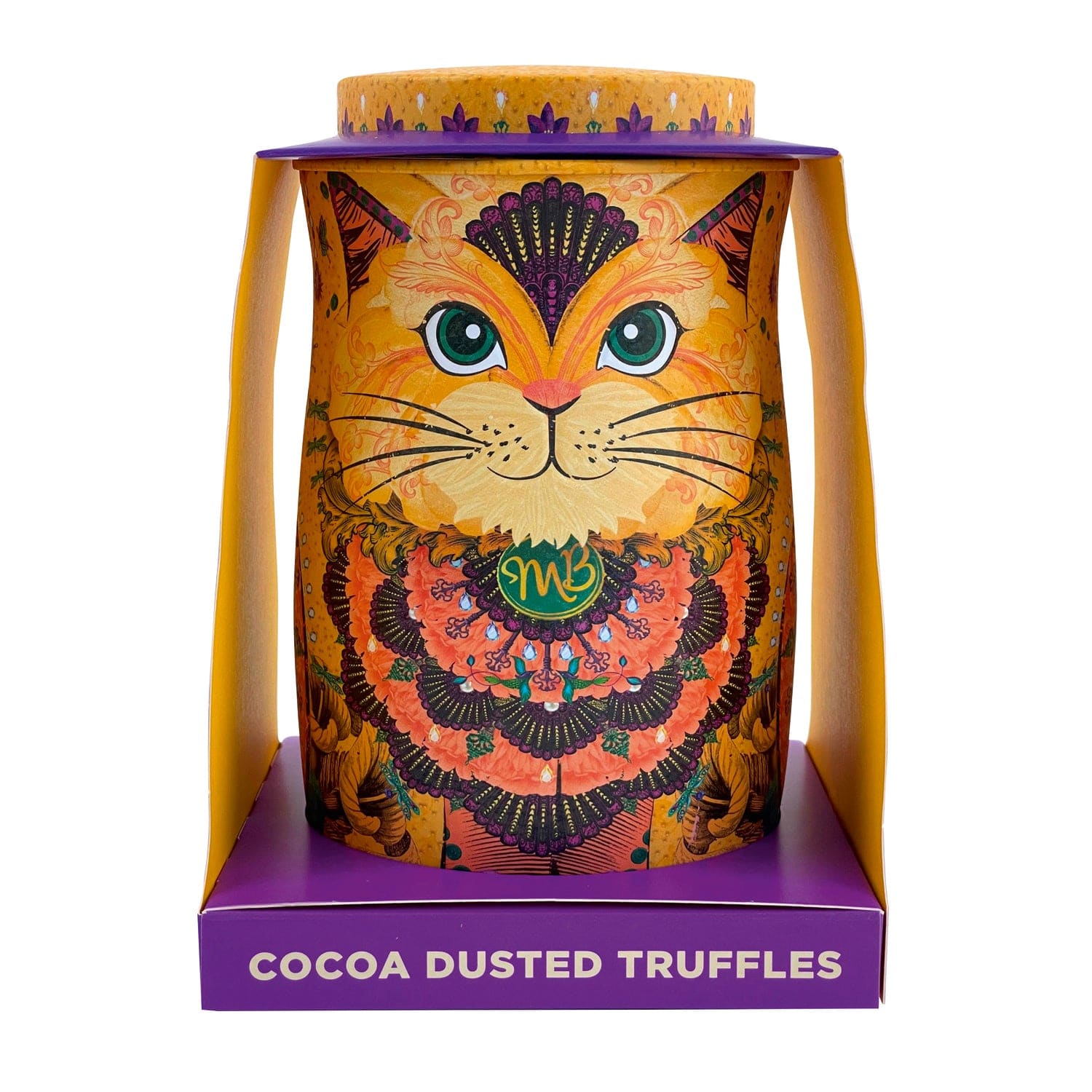 Jag Couture London - New York Savanna gold cat tin of Flutter Scotch flavoured cocoa dusted truffles with butterscotch chips