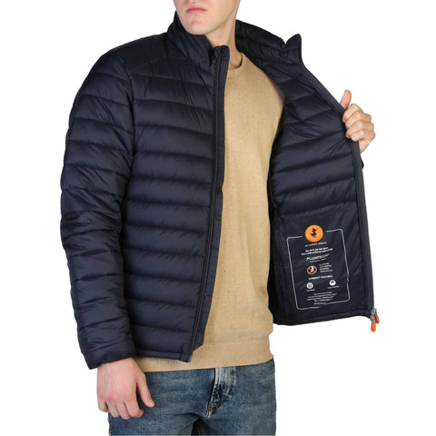 Blue Save The Duck Alexander puffer jacket by Jag Couture London New York, front view showing quilted design and logo patch.