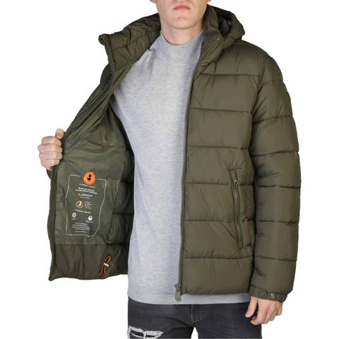 Green Save The Duck Boris D35560M insulated winter jacket by Jag Couture London and New York, shown on a hanger.