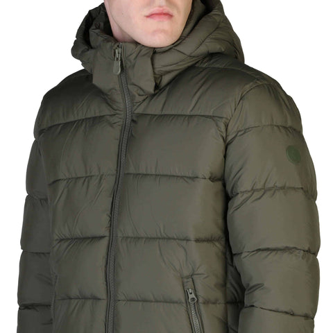 Green Save The Duck Boris D35560M down-filled jacket by Jag Couture London New York, shown on a hanger.