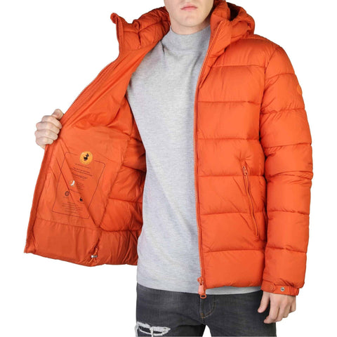 Orange Save The Duck Boris winter jacket by Jag Couture London New York, with a puffy, insulated design and hood.