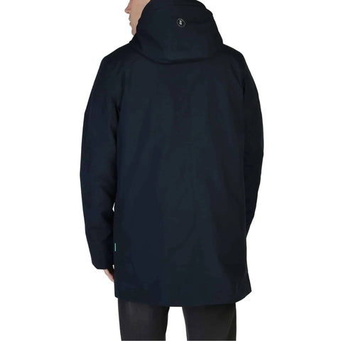 Blue Save The Duck YOTAM-D40772M jacket by Jag Couture London New York, shown on a hanger with a close-up of fabric texture.