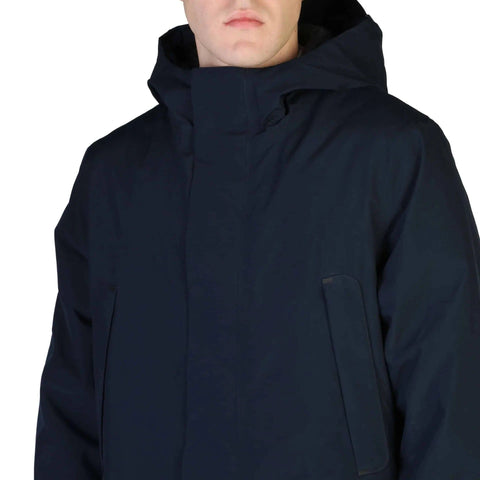 Blue Save The Duck YOTAM-D40772M jacket from Jag Couture London - New York, shown on a hanger.
