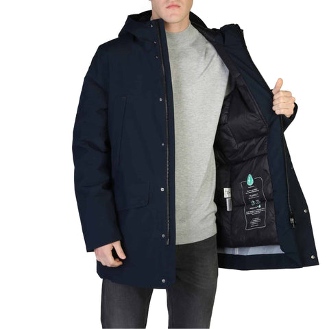 Blue Save The Duck YOTAM-D40772M down-filled jacket by Jag Couture London - New York, displayed on a hanger.