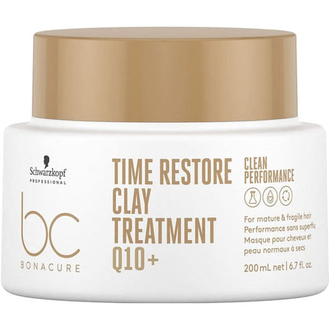 Schwarzkopf BC Bonacure Time Restore Q10 Clay Treatment in a 200ml jar, designed to restore and strengthen hair.