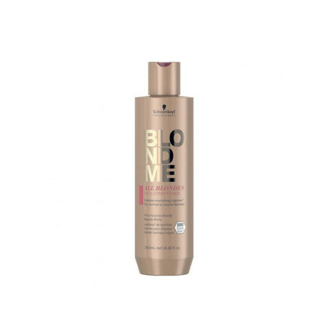 Schwarzkopf Blondme All Blondes Rich Conditioner in 250ml bottle, with sleek packaging and product label visible.