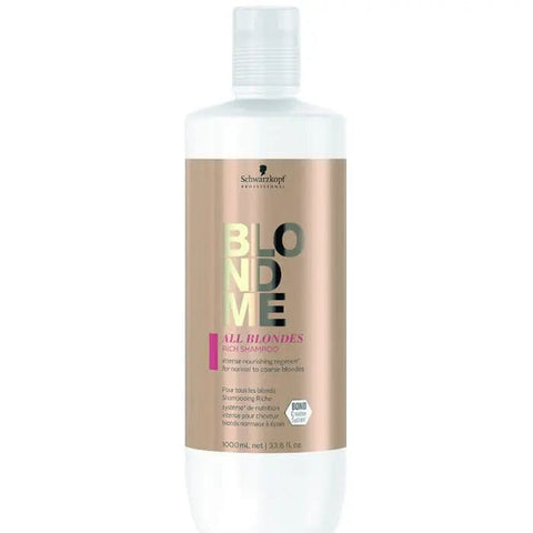 Schwarzkopf Blondme All Blondes Rich Shampoo 1000ml bottle, designed for blonde hair, with a sleek packaging and brand logo.