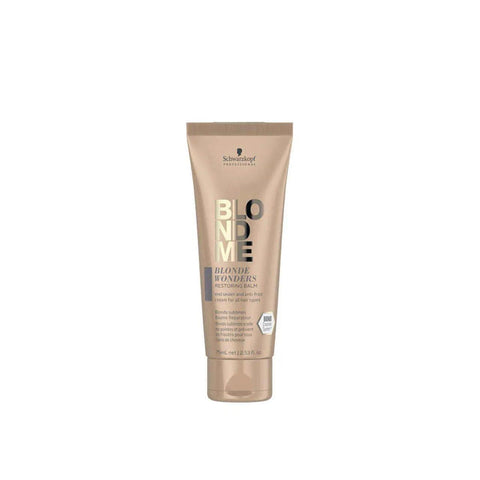 Schwarzkopf Blondme Blonde Wonders Restoring Balm 75ml jar with a sleek black and gold label, designed for blonde hair care.