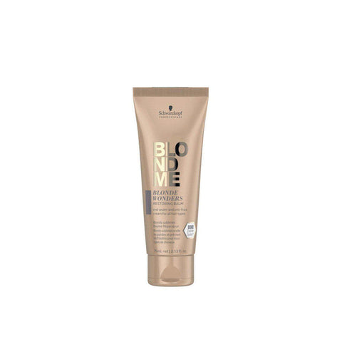 Schwarzkopf Blondme Blonde Wonders Restoring Balm 75ml jar with black lid, designed for hair repair and shine.