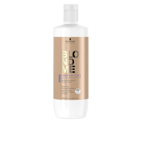 Schwarzkopf Blondme Cool Blondes Neutralizing Shampoo bottle, 1000ml, with label showing blonde hair care formula from Jag Couture London.