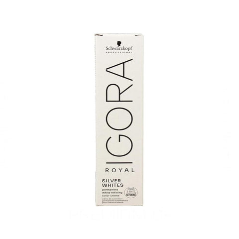 Schwarzkopf Igora Royal Absolutes Silverwhite Plata hair dye 60ml bottle, shown with packaging for vibrant, silver-white hair color.