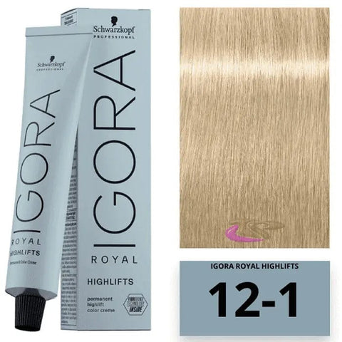 Schwarzkopf Igora Royal Highlifts Ash 12-1 hair dye in a 60ml tube, displayed with packaging and applicator.