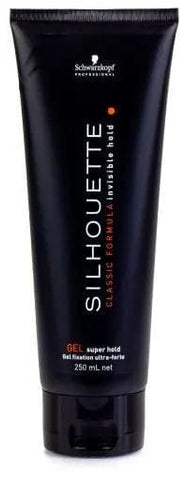 Schwarzkopf Silhouette Extra Strong Gel in 250ml jar, with black and silver design, ideal for strong hold styling.