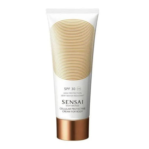 Sensai Silky Bronze Cellular Protective Cream for Body SPF30 by Jag Couture London, 150ml jar with smooth cream texture.