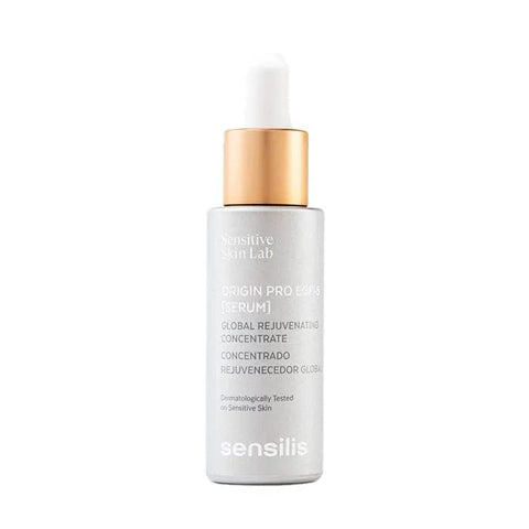 Sensilis Origin Pro EGF 5 Serum 30ml by Jag Couture London New York, featuring clear glass bottle with dropper cap and serum inside.