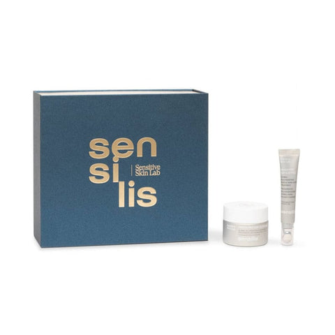 Sensilis Origin Pro Day Cream 50ml and Eyes 15ml set with skincare jars, featuring sleek packaging and product labels.