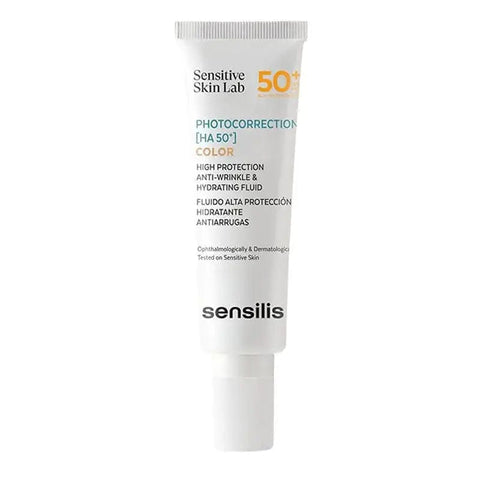 Sensilis Photocorrection HA SPF50+ color cream in 50ml jar, with smooth texture and product packaging visible.