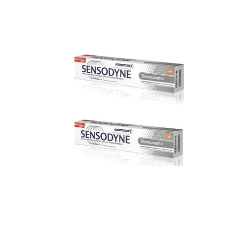 Two tubes of Sensodyne Whitening Toothpaste by Jag Couture London - New York, 75ml each, shown in a duplo pack.
