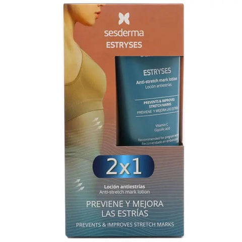 Sesderma Estryses Stretch Mark Lotion in 2x200ml bottles, presented by Jag Couture London New York, showing the product bottles.