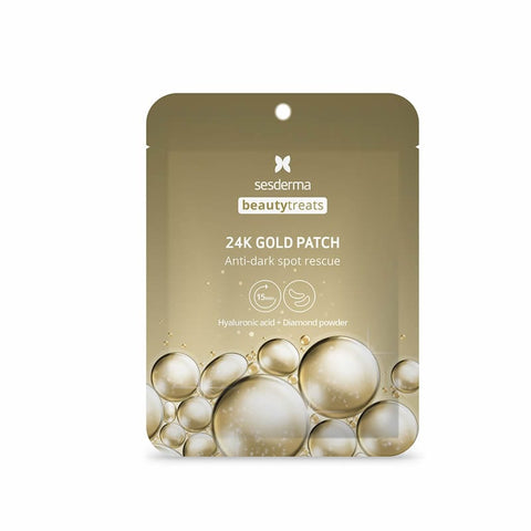Sesderma Eye Contour Patches 24K Gold patches, showing two gold-infused eye masks with soothing texture and brightening effects.