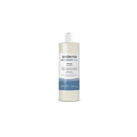 Sesderma Hidraderm Hyal Bath Gel in 500ml bottle, featuring a clear gel formula for gentle cleansing and hydration.