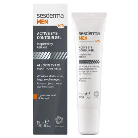 Sesderma Men Eye Contour Gel in 15ml jar, shown with smooth application on the eye area, highlighting skincare for men.