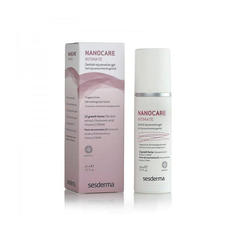 Sesderma Nanocare Intimate Genital Rejuvenation Gel in 30ml tube, featuring smooth, clear gel with branding and product details visible.