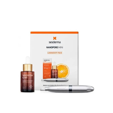 Sesderma Nanopore Mini and C Vit Liposomal Serum in 30ml bottles, skincare products with vibrant packaging, on a white background.