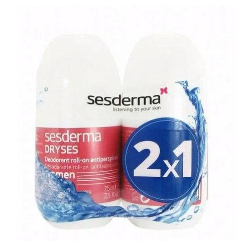 Sesderma Dryses deodorant antiperspirant roll-on for women, 2x75ml, shown in a sleek packaging with blue and white design.