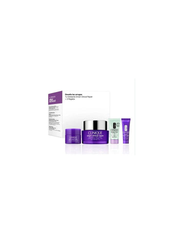 Jag Couture London set with Clinique Smart De-Aging 50ml serum, 10ml eye cream, and 5ml additional skincare products.