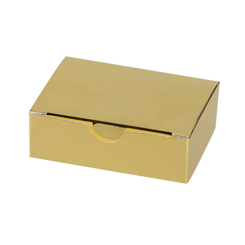 Shiny gold 6-chocolate box with locking top by Jag Couture London New York, elegant and stylish gift packaging.