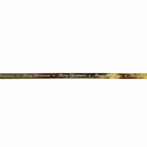 Shiny gold Merry Christmas ribbon by Jag Couture London New York, with festive metallic finish and elegant design for holiday decorating.