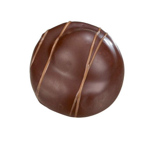 Dark chocolate Sicilie by Jag Couture London filled with marzipan and cherry, shown in a 15g piece.