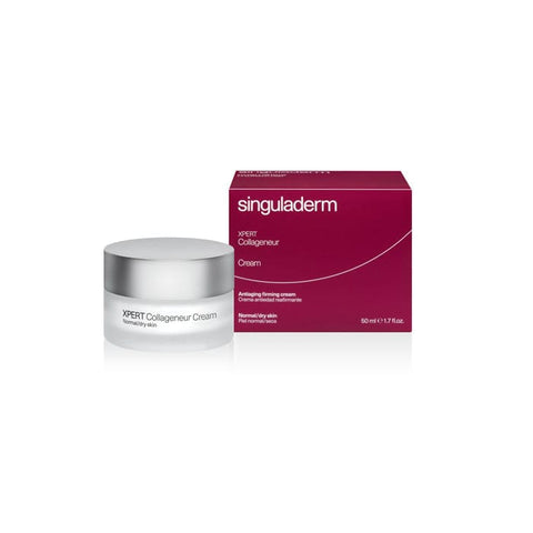 Singuladerm Xpert Collageneur anti-aging firming cream for normal to dry skin in 50ml jar, with smooth cream texture.