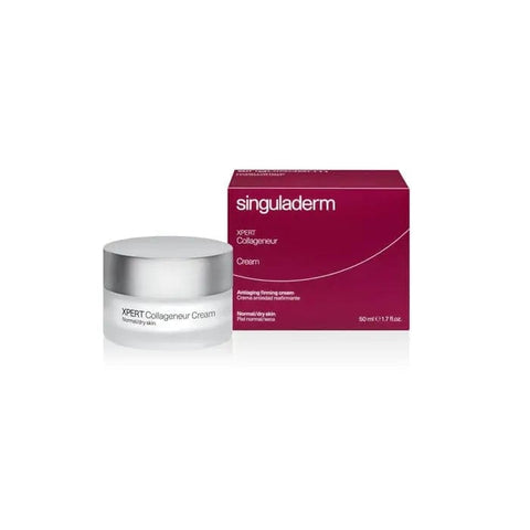 Jag Couture London Singuladerm Xpert Collageneur anti-ageing firming cream for normal to dry skin, 50ml jar with cream inside.