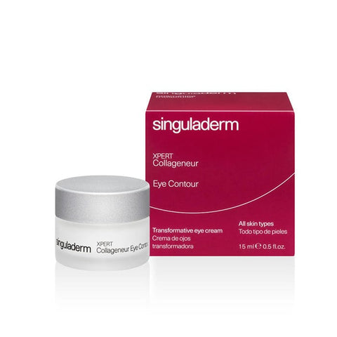 Singuladerm Xpert Collageneur Eye Contour serum in a 15ml bottle, featuring a sleek design and applicator for eye area skincare.