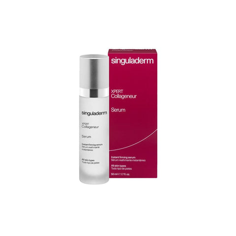 Singuladerm Xpert Collageneur Instant Firming Serum 50ml bottle with sleek packaging, highlighting collagen-boosting skincare.