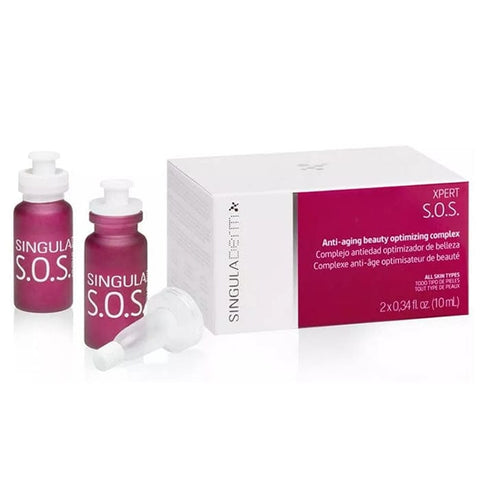 Singuladerm Xpert Expression Booster SOS 2x10ml serum bottles, skincare product with bright packaging and applicator tips