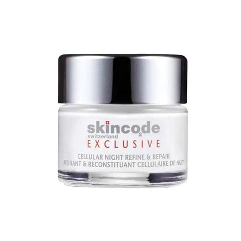 Skincode Exclusive Cellular Night Refine & Repair 50ml jar, skincare product with a sleek container, designed for nighttime skin renewal.