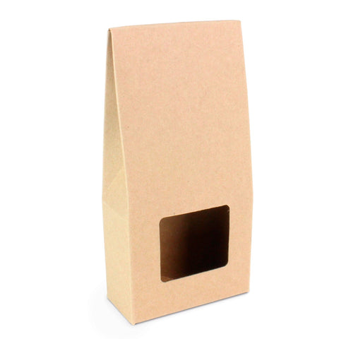 Slim kraft tetra carton with window from Jag Couture London New York, measuring 70x35x145 mm, shown with transparent window and natural kraft finish.