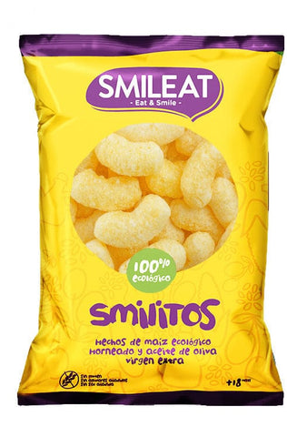 Smileat Smilitos organic corn snacks in 38g pack, shown in a colorful, child-friendly package from Jag Couture London - New York.