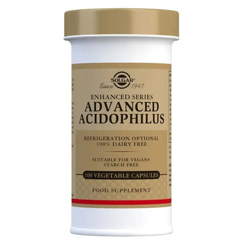 Solgar AcidoPhilus Advanced probiotic capsules in a bottle, designed to support digestive health, on a white background.
