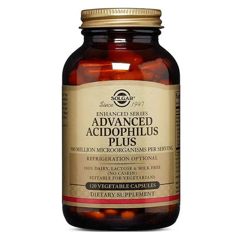 Solgar Advanced Acidophilus Plus probiotic capsules, 120-count, dietary supplement for digestive health, by Jag Couture London New York.
