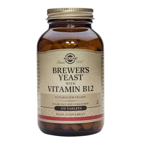 Solgar Brewer's Yeast Vitamin B12 supplement in a bottle of 250 tablets, featuring the product label and packaging.