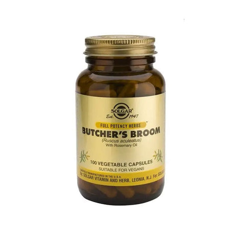Solgar Butcher's Broom 100 capsules in a clear bottle, with label showing product name and brand Jag Couture London New York