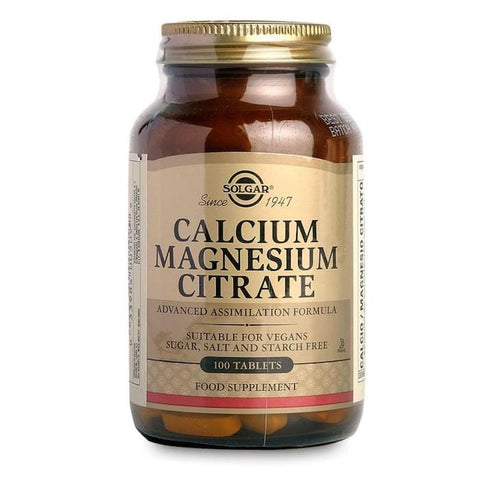 Solgar Calcium Magnesium Citrate bottles with 100 tablets, dietary supplement for bone health, by Jag Couture London New York.