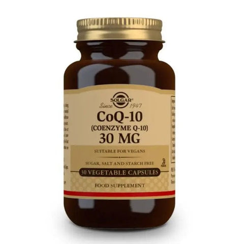 Solgar Coenzyme Q-10 30mg capsules in a bottle, dietary supplement for energy and cellular health, by Jag Couture London New York