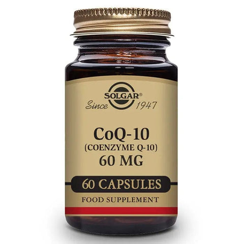 Jag Couture London - New York Solgar Coenzyme Q-10 60mg capsules, showing a bottle of dietary supplement capsules for energy support.