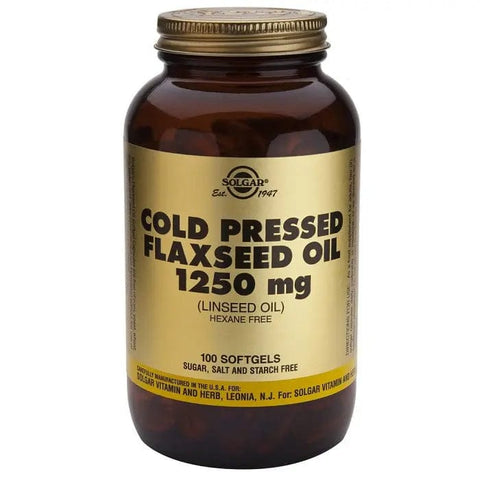 Jag Couture London New York Solgar Cold Pressed Flaxseed Oil softgels, 1250mg, 100 softgel capsules in a bottle.